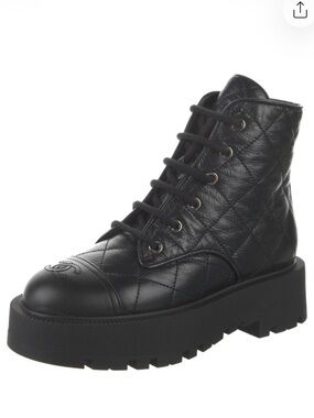 CHANEL Black Quilted Leather Lace-Up Platform Ankle Boot